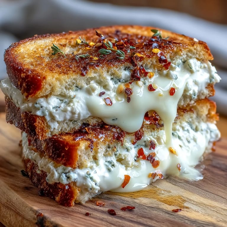 A close-up view shows melted chèvre and cream cheese oozing from buttery grilled bread.