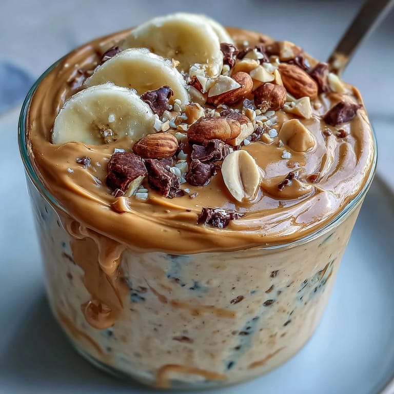 Close-up of High-Protein Peanut Butter Overnight Oats garnished with a drizzle of honey and blueberries, showing a rich and hearty morning meal.