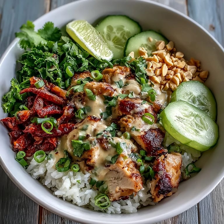 Served Thai Peanut Chicken Bowl with lime wedges and cilantro for a bright, flavorful, and satisfying weeknight dinner.