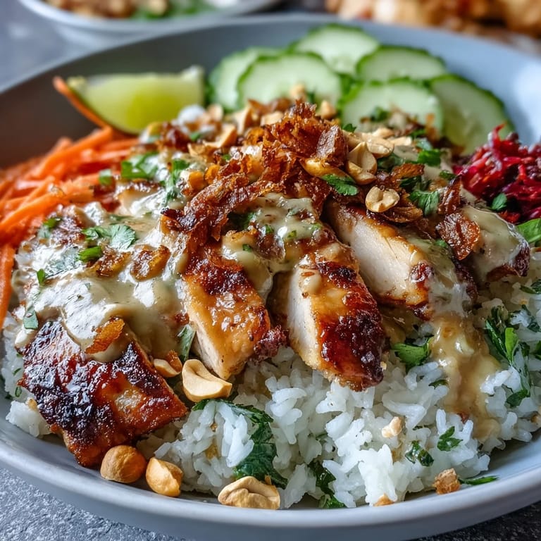 This vibrant Coconut Rice Peanut Bowl is garnished with fresh cilantro and cucumber, served with lime wedges for a zesty finish.