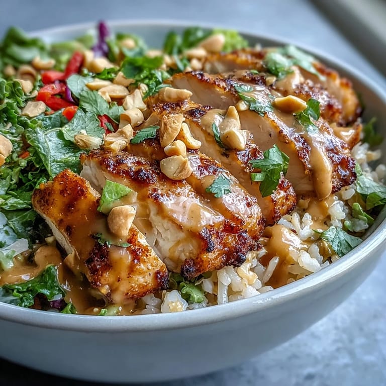 A close-up view of a Peanut Chicken Power Bowl showcases vibrant fresh vegetables and tender chicken, garnished with chopped peanuts and cilantro.