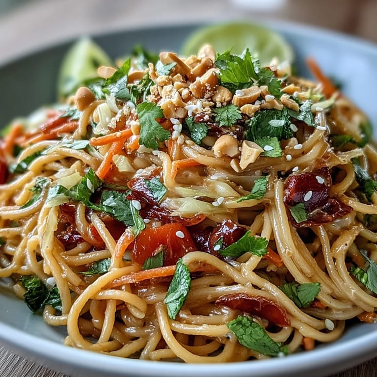 A bowl of Asian Peanut Noodle Bowl featuring glossy noodles and crunchy veggies, drizzled with rich peanut dressing.