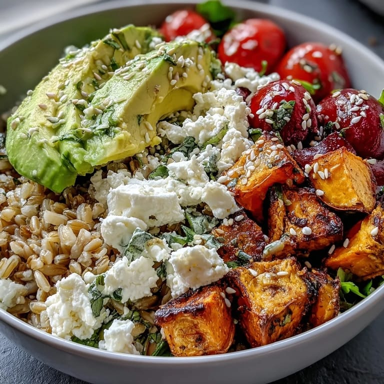 Warm Customizable Grain Bowl featuring chicken and chickpeas over brown rice, topped with feta and fresh herbs.