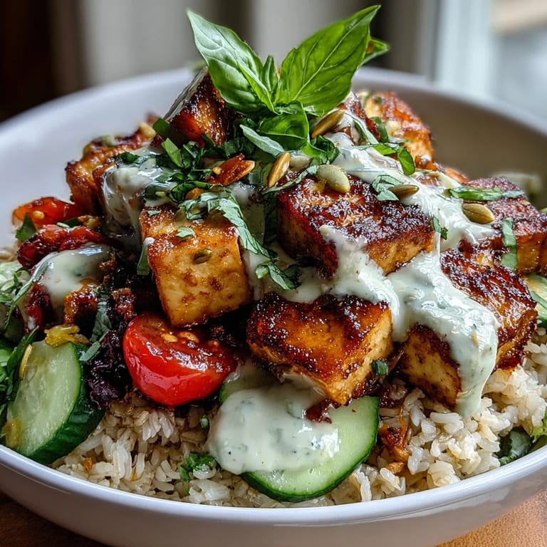Appetizing Simple Grain Bowl topped with tofu, cucumbers, carrots, and feta, ready to serve with a zesty vinaigrette.