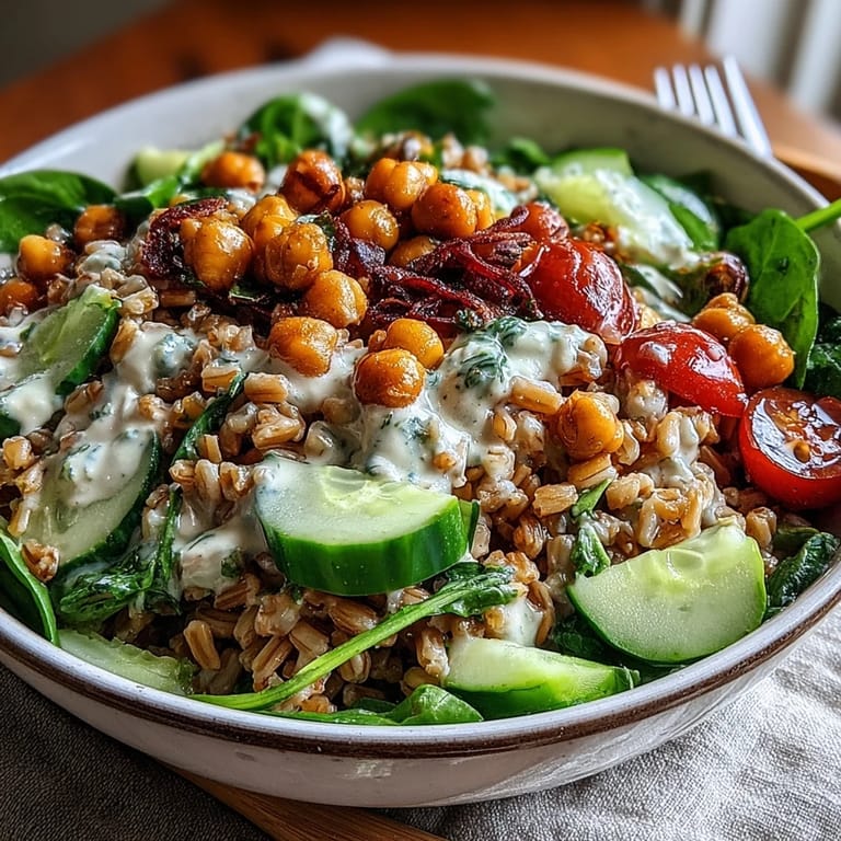 This hearty Mediterranean Farro Bowl features chickpeas, cucumber, and a creamy tahini drizzle, perfect for a healthy lunch.