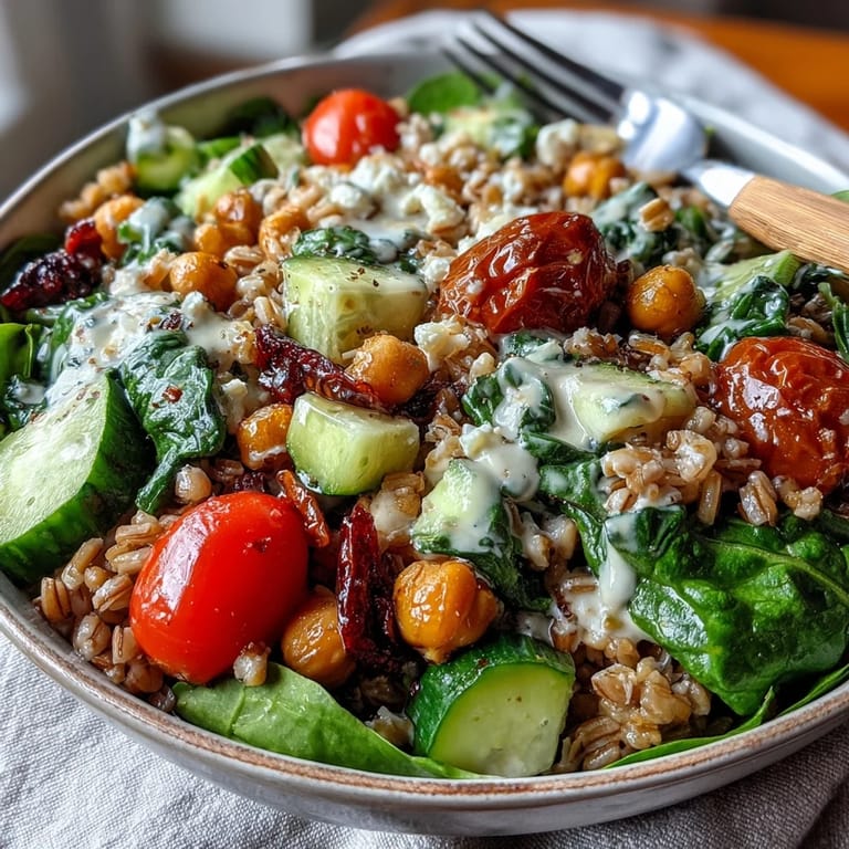 Close-up of a Mediterranean Farro Bowl with spinach and olives, showing the chewy farro and colorful fresh vegetables.