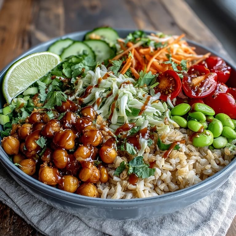 Diced cucumbers, cherry tomatoes, and edamame mingle with peanuts over brown rice in this fresh Peanut Chickpea Protein Bowl.
