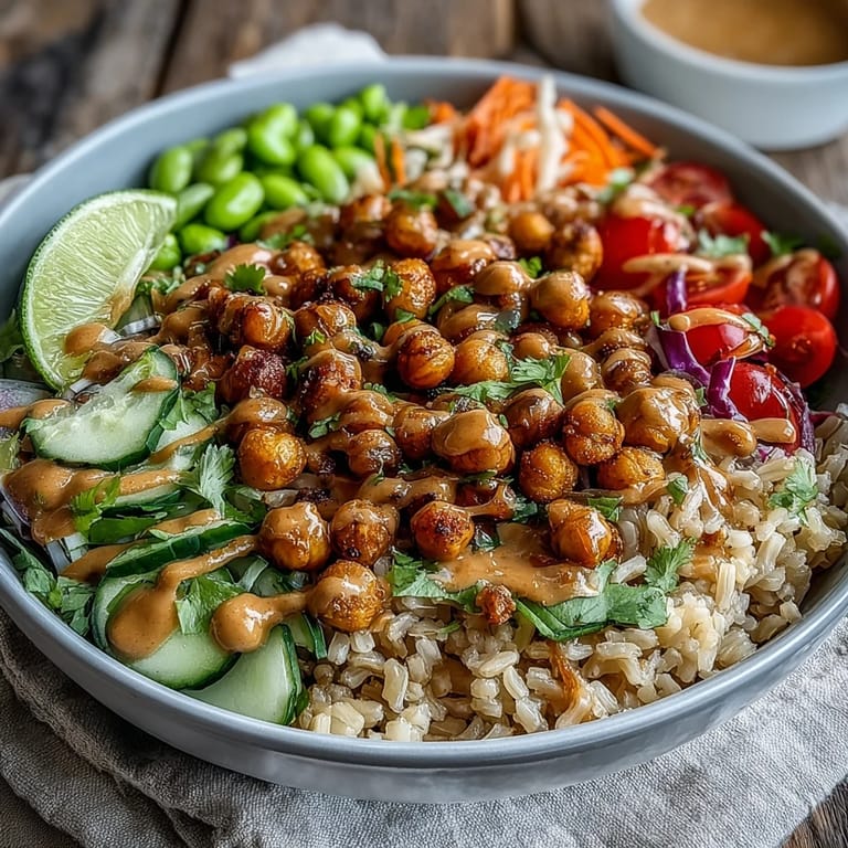 Topped with chopped peanuts and sesame seeds, a wholesome Peanut Chickpea Protein Bowl is served with lime wedges for a zesty finish.