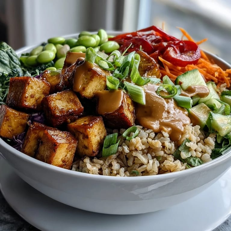 A close view of a vibrant Peanut Tofu Power Bowl with edamame, shredded cabbage, and chopped peanuts for added crunch.