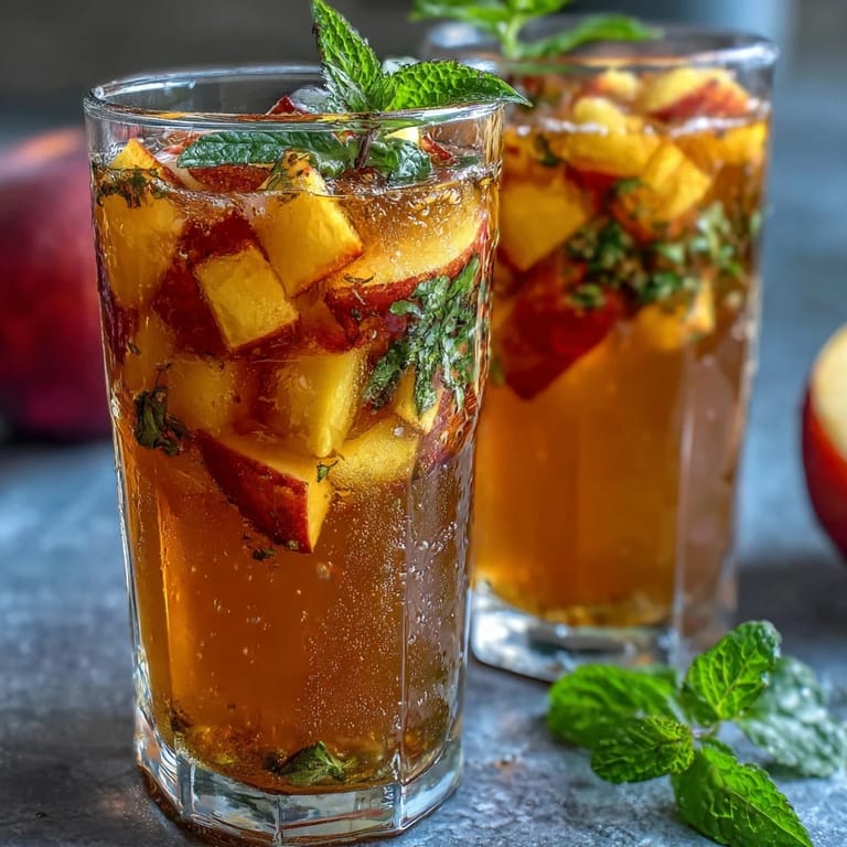 Vibrant mango and peach iced tea with mint leaves, served over ice for a cool, fruity drink.  