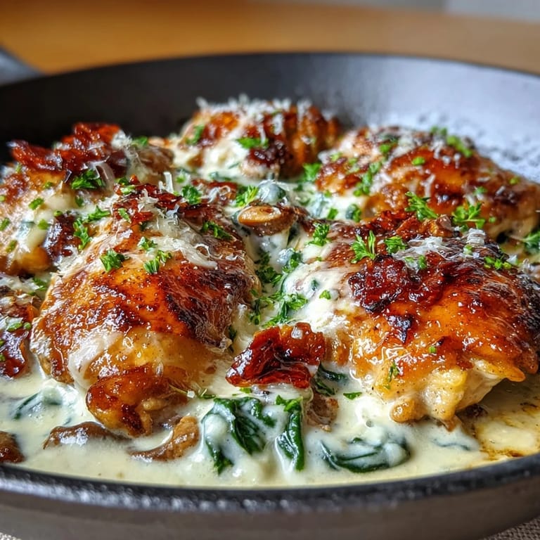 One-pan Creamy Tuscan Chicken Skillet dinner with golden seared chicken breasts and velvety Parmesan sauce.  