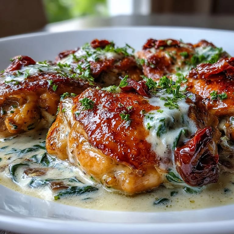 Luscious Creamy Tuscan Chicken Skillet featuring juicy chicken in a fragrant cream sauce with sun-dried tomatoes and fresh spinach.
