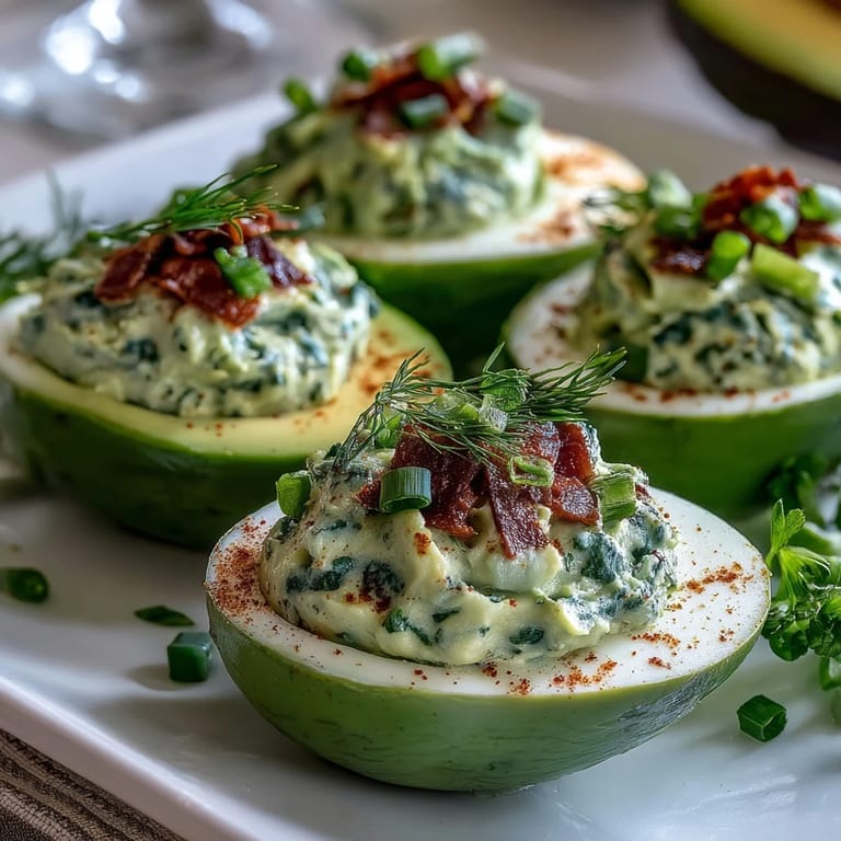 Bright green avocado deviled eggs garnished with chives and dill, offering a fresh, nutritious twist on a classic party appetizer.