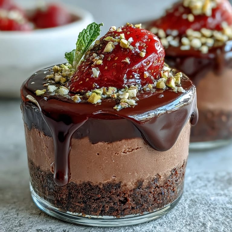A close-up shot of the finished chocolate strawberry cheesecake cup showing the layered presentation.