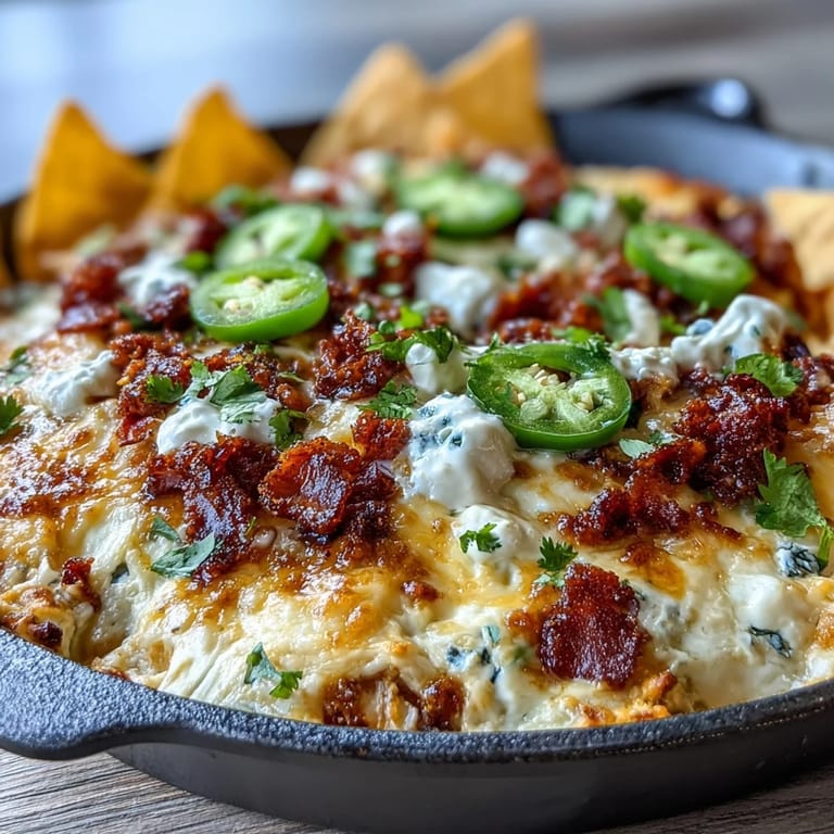 Warm, cheesy queso loaded with bold toppings like smoky chorizo, fresh cilantro, and avocado, served alongside crunchy tortilla chips.