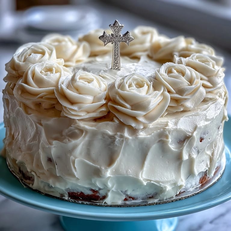 Elegant First Communion Cake featuring tender vanilla sponge, smooth buttercream, and handcrafted white fondant roses, crowned with a silver cross topper for a sacred celebration.