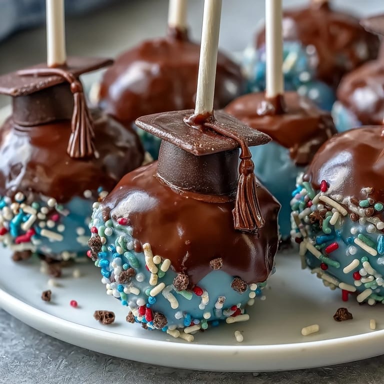 Festive graduation cake pops, dipped in vibrant school-colored chocolate and topped with edible glitter, a fun dessert for parties.