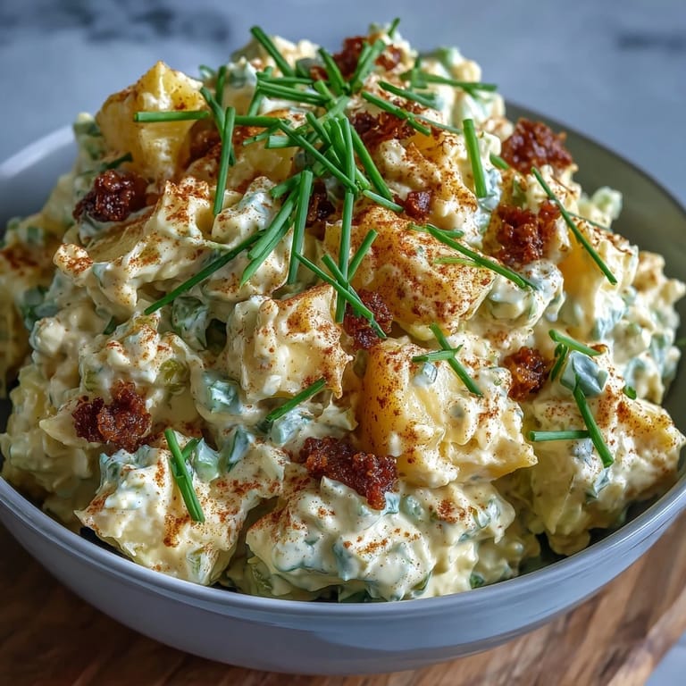 Classic Deviled Egg Potato Salad featuring hard-boiled eggs, crisp celery, and smoky paprika, ideal for Easter brunches and family gatherings.