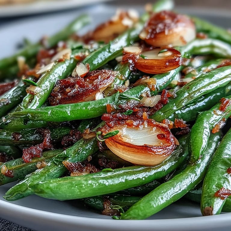 Crispy roasted green beans tossed with garlic and olive oil, garnished with Parmesan and lemon for a fresh, flavorful dish.