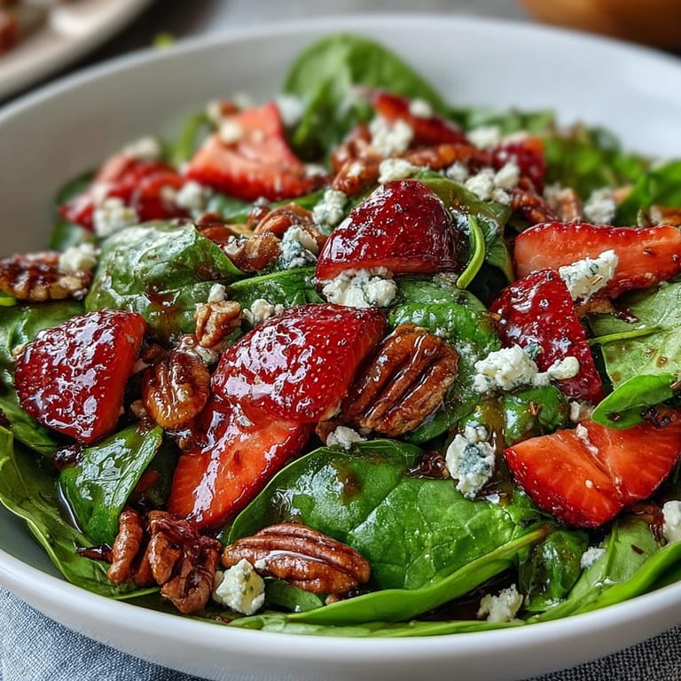 Vibrant strawberry spinach salad featuring ripe red strawberries, crumbled goat cheese, and candied pecans, perfect for a light spring lunch.
