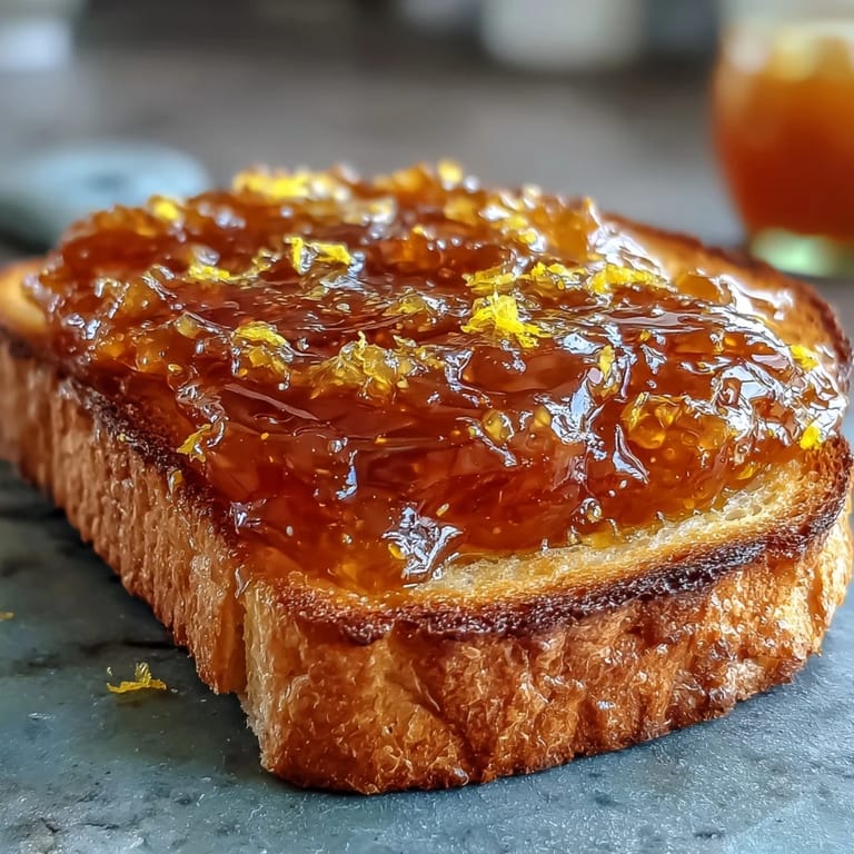 Bright dandelion jelly infused with zesty lemon and sweet honey, beautifully spread over a slice of rustic bread.