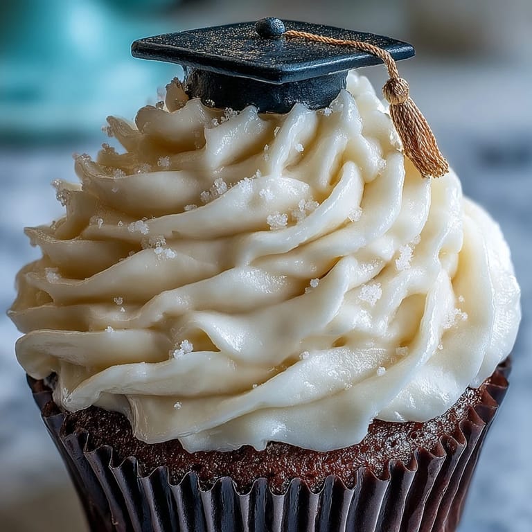 Festive graduation cupcakes topped with handmade fondant caps, piped buttercream, and gold tassels for a celebratory dessert.