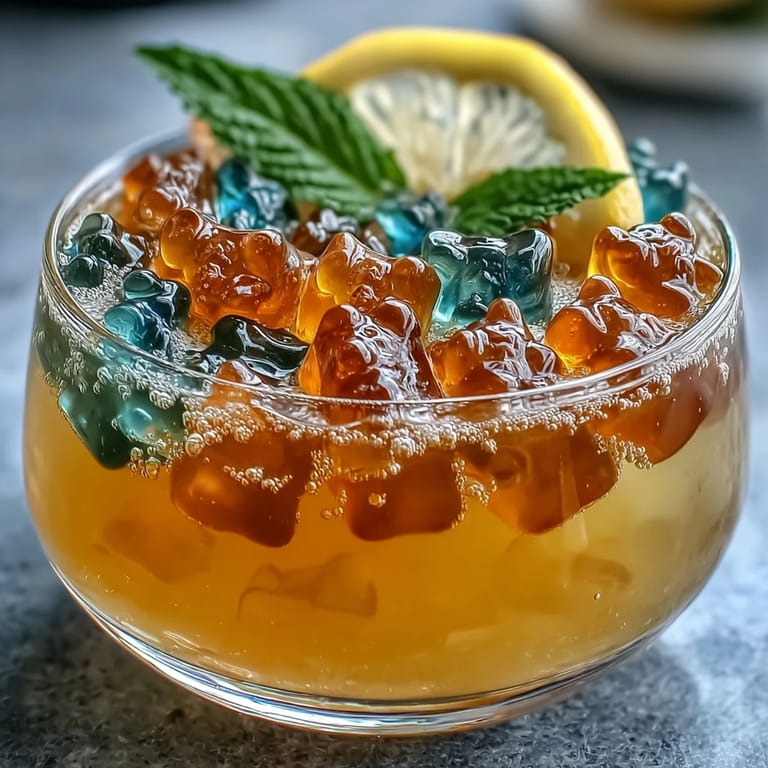 Chilled layered jelly cups featuring bright lemon gelatin and gummy bears, garnished with fresh mint and lemon slices for a fun, kid-friendly treat.