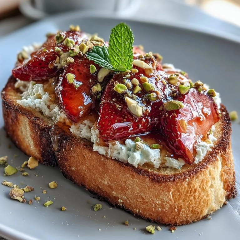 Creamy ricotta and fresh strawberries top golden sourdough toast, finished with honey drizzle and a sprinkle of pistachios in this elegant breakfast.