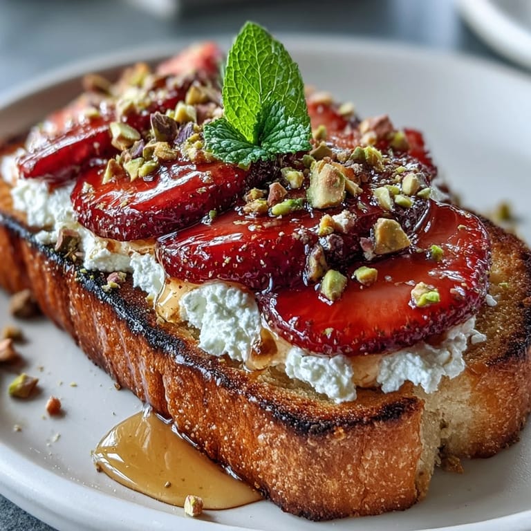 A vibrant toast featuring sweet strawberries, smooth ricotta, golden honey, and chopped pistachios on rustic bread—perfect for a quick, nourishing start.