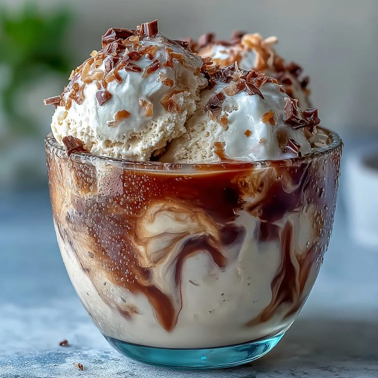 A refreshing summer beverage featuring coconut cold brew layered with vanilla bean ice cream and a sprinkle of dark chocolate shavings.
