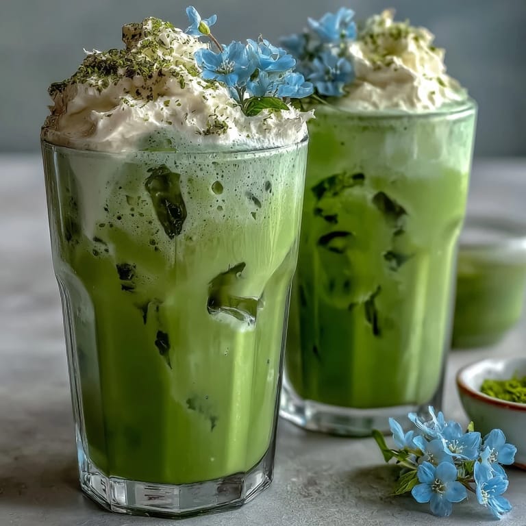 Elegant iced matcha latte with creamy vanilla cold foam, served in glasses with a dusting of matcha powder.