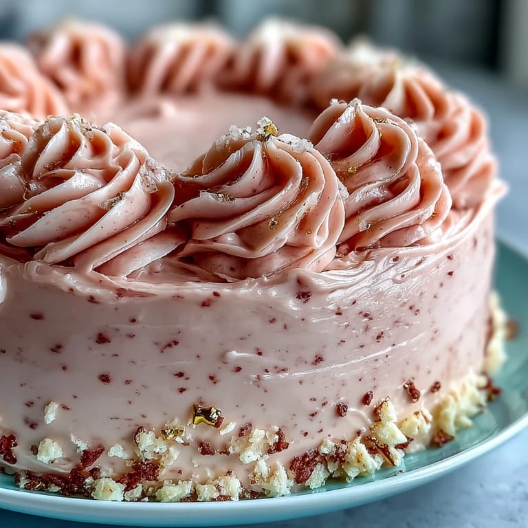 Bridal shower rosé velvet cake with edible gold accents, a beautiful and delicious dessert for weddings.
