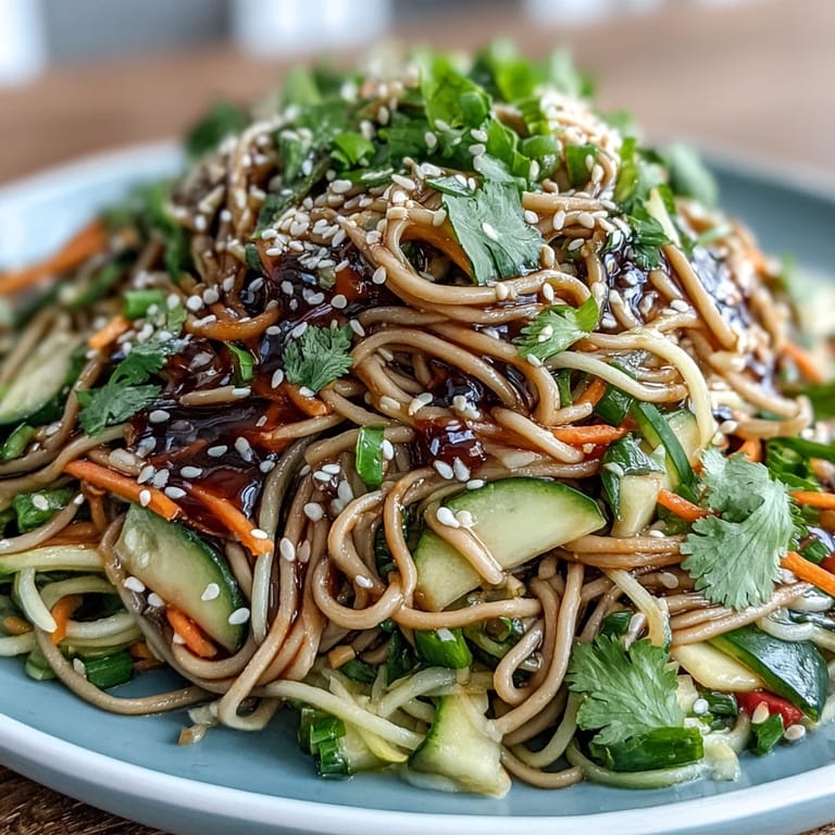 Delicious cold soba noodle salad with bright ginger-sesame dressing, ready to serve.