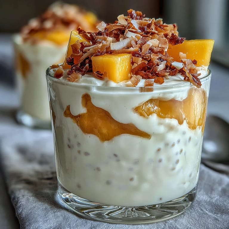Skyr Protein Chia Pudding with sweet, fresh mango cubes and coconut flakes.
