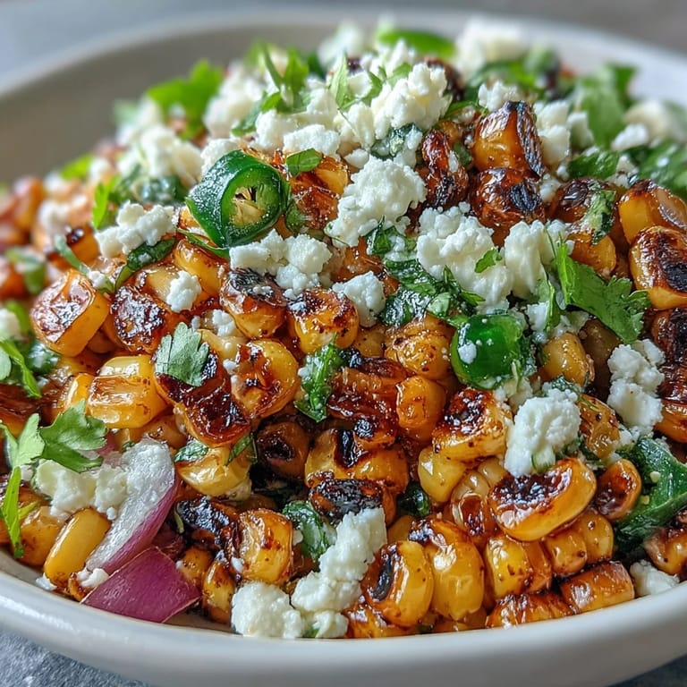 Vibrant street corn salad featuring cotija, lime, and a spicy, tangy dressing.
