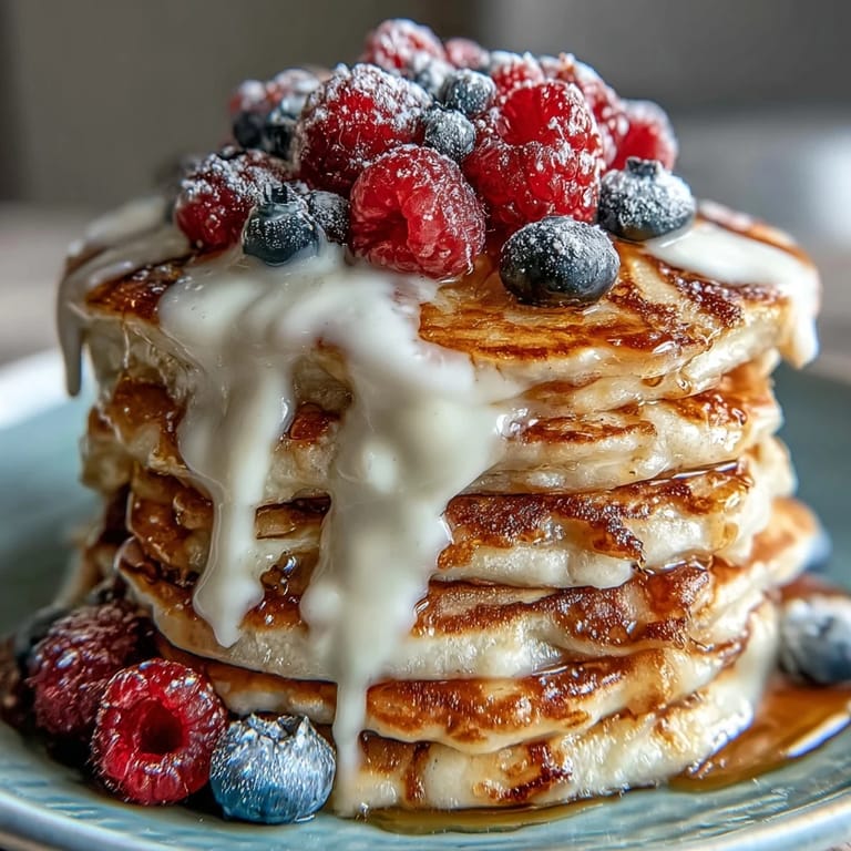 Delicious, fluffy Icelandic Skyr Pancakes glistening with maple syrup, perfect for breakfast.