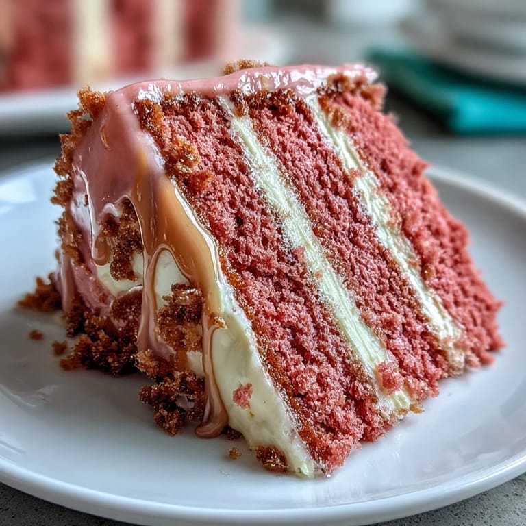 Elegant rosé velvet cake with shimmering gold drip, perfect for a festive celebration.