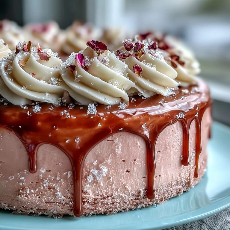 Beautiful Bridal Shower Rosé Velvet Cake, richly frosted and dripping with gold.