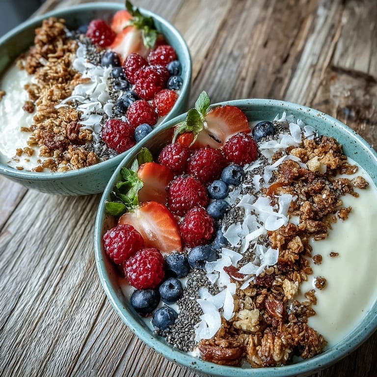 Refreshing skyr protein smoothie bowl, adorned with granola and colorful mixed berries.
