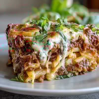 High Protein Italian Beef and Pasta Bake with melted mozzarella and herbs.
