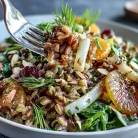 Sun-kissed orange segments and crisp fennel atop nutty farro salad, garnished with toasted almonds and parsley.