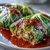 Freshly baked Baked Vegan Cabbage Rolls sit in a ceramic dish, smothered in rich red tomato sauce and garnished with chopped parsley.