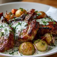 Golden-seared Crockpot Ranch Pork Chops in a creamy sauce, served over tender potatoes and carrots in a slow cooker.