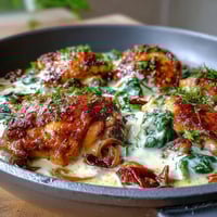 Creamy Tuscan Chicken Skillet with tender chicken in a rich garlic cream sauce, sun-dried tomatoes, and spinach.  