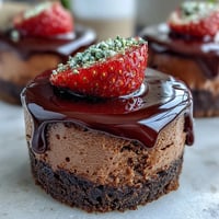 No-bake chocolate cheesecake cups with strawberry layers and dark chocolate ganache, topped with fresh berries and pistachios.