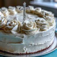First Communion Cake with White Roses and Cross Topper, a classic vanilla sponge with silky buttercream, adorned with delicate fondant roses and an elegant cross topper.