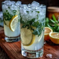 A glass of iced lavender lemonade with fresh mint, garnished with lemon slices and a sprig of mint, served on a sunny patio.