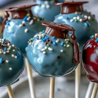Graduation cake pops in school colors, decorated with festive sprinkles and chocolate caps, perfect for celebrating graduates.