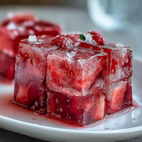 A vibrant mosaic of strawberry and rose gelatin cubes suspended in creamy vanilla base, perfect for elegant celebrations.