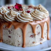 Bridal Shower Rosé Velvet Cake with Gold Drip: A stunning pink velvet layer cake infused with rosé wine, topped with cream cheese frosting and elegant edible gold drip.  